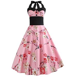 1950s Dresses for Women UK Vintage Rockabilly 50s Style Audrey Hepburn 1940s Halter Neck Floral Summer Swing A Line Skater Midi Tea Dress Cocktail Party Evening Prom Gown Plus Size B#Pink Flower S