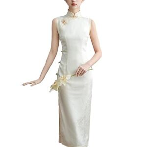 KATIAK Chinese Cheongsam Long Vintage Traditional Dress Short Sleeve Side Slit Summer Bodycon Qipao for Wedding Evening White 3Xl