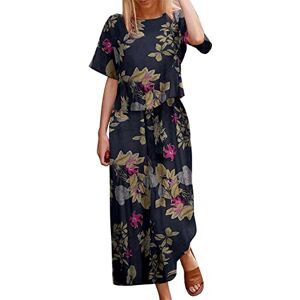 ZANZEA Womens 2-Piece Summer Casual Floral Printed Suit Short Sleeve Shirt and Wide Leg Trousers Set Suit Printed Navy M