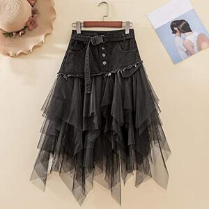 Fdsger YSSDEH Summer Jeans Skirt Women Irregular High Waisted Pleated Denim Tulle Skirts Womens Mesh Patchwork Pockets Tassel Mid Calf