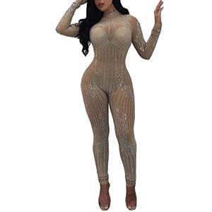 TDEOK Women's Nightclub Sequins Stand-Up Collar Long Sleeve Jumpsuit Evening Party Slim Fit Sexy Bodysuit Costume Women's Squirrel (A, XL)
