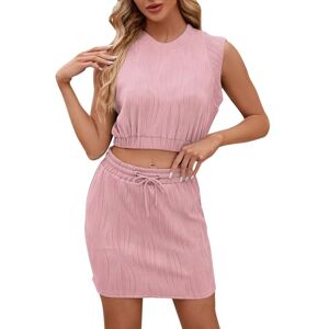 Generic Women Sleeveless Blouse Round Neck Solid Color Drawstring Skirt Spring Summer Plus Size, Pink, XL