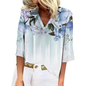 BOTCAM Black T Shirt Women's Floral Print V-Neck Casual Top with Three Quarter Sleeve Off Shoulder Top, blue, XL