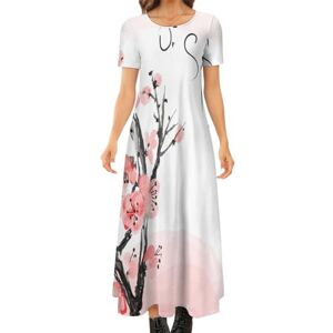 Songting Japanese Cherry Tree Blossom Women's Summer Casual Short Sleeve Maxi Dress Crew Neck Printed Long Dresses L