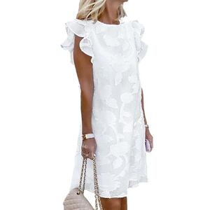 ZANZEA Women Casual Solid Tunic Round Neckline A-line Dress Sleeveless Lace Ruffle Lady Dress 01-White XXL