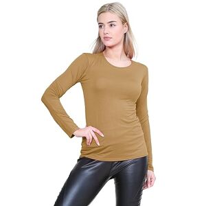 janisramone&#174; Women's T-Shirts - Stretchy Round Neck Tee Fitted Long Sleeve Tshirts Women UK - Ideal Going Out Tops & Summer Tops for Women UK Camel