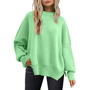 LILLUSORY Women Fall Crewneck Batwing Long Sleeve Sweater Oversized Ribbed Knit Side Slit Pullover Top, Light Green, L