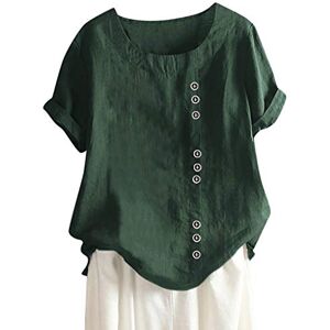 Generic Short Sleeve Cotton Linen Blouse for Women UK Solid Colour Round Neck Button Down Tops Ladies Summer Baggy T Shirts Casual Going Out Tunics Green