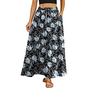 Qkiome Women Maxi Skirt High Waist A-line Skirt Summer Long Skirt Large Hem Floral Print Elastic for Beaches Club Streetwear (Navy Flower, XXL)