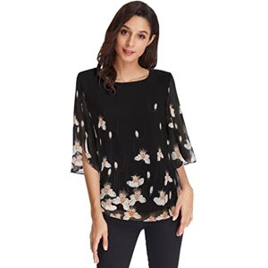 GRACE KARIN Womens Casual Tops Crew Neck 3/4 Split Sleeves Chiffon Shirt Blouse Tops for Summer Black Floral L