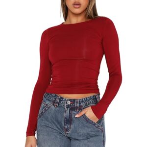 Yoisdtxc Women's Long Sleeve Slim Fit Cropped Top Casual Plain Layering Crewneck Shirt Basic Baby Shirt T Shirt Aesthetic Streetwear (B1-Red, L)