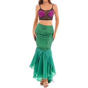 iEFiEL Womens Sequined Mermaid Costume Outfit Mesh Sheer Sea Shell Crop Top with Mermaid Tail Skirt Black&Green M