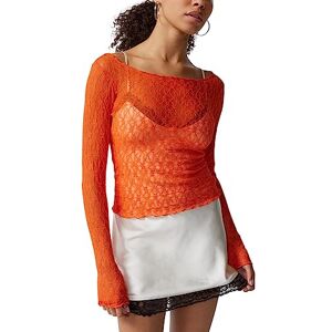 Betrodi Women Long Sleeve Textured Shirt Y2k Ruched Slim Mesh Top Pleated See Through Blouse Going Out Cropped Tee Top(Great Orange 3,L)