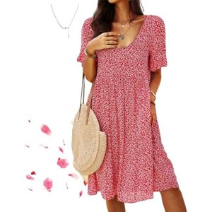 Amousd Women Floral Pockets Plus Size Midi Dress,Boho Floral Short Sleeve Dress Summer Baggy Casual Beach Swing Dress (Red,M)