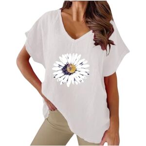 Haolei Cotton Linen T Shirtrs for Women UK Clearaance V Neck Short Sleeve T Shirt Ladies Loose Fit Floral Print Tee Summer Casual Tunic Tops Plus Size Sunflower T-Shirts