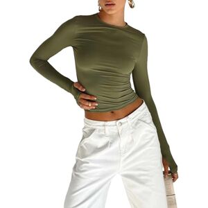 Yileegoo Women's Y2K Slim Fit Crop Tops Casual Solid Color Off Shoulder Crew Neck Long Sleeve Tight T-Shirt Basic Blouse Tee Tops (A2 Army Green, L)