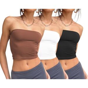 Trendy Queen Womens 3 Pack Tube Tops Crop Tops Going Out Strapless Basic Backless Bandeau Bra Summer Outfits 2024, White,black,coffee, XS