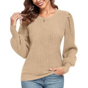 Anyhold Women's Puff Long Sleeve Jumpers Lightweight Crew Neck Pullover Sweater Loose Casual Top Shirts Large, Khaki