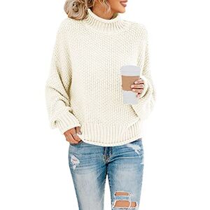 Saodimallsu Ladies Jumpers Turtleneck Oversized Sweaters Batwing Long Sleeve Loose Chunky Knit Pullover Beige-White XL