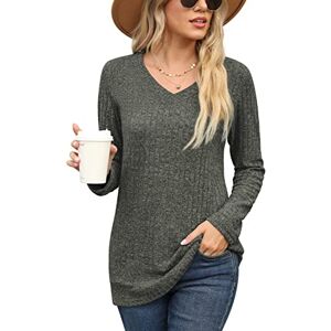 PrinStory Womens Jumpers Autumn Warm T Shirts Ladies V Neck Tops Long Sleeve Solid Color Sweatshirt UK Size 22-24 (Army Green, XXL)