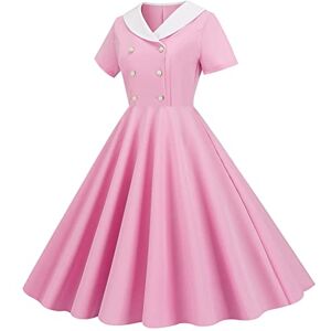 HOOUDO Womens Cocktail Dresses Short Sleeve Swing Retro 50s Dress Rockabilly Audrey Hepburn Dresses Wedding Guest Evening Tea Dresses Pink