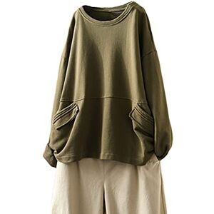 FTCayanz Women's Cotton Tunic Tops Oversized Crewneck Long Sleeve Sweatshirts Casual Shirts Pullover with Pockets Army Green XX-Large