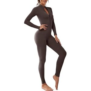 Litthing Women Yoga Jumpsuit Sports Romper Long Sleeve Unitard Stretchy Playsuit Ribbed Knit Zip Up Workout Outfit Slim Fit One Piece Bodysuit Fitness Sportswear Daily Wear