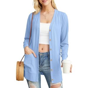 GRECERELLE Womens Summer Cardigan Long Sleeve Lightweight V Neck Hollowed-Out Ribbed Button Down Outerwear Cardigans with Pockets (Sky Blue, M)