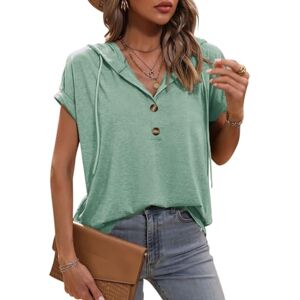 MAGIMODAC Womens Short Sleeve Hoodies Summer Loose Fit Blouse Tops Casual T-Shirts Drawstring V Neck Button Hoodie Light Green L