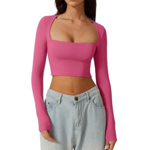 Yileegoo Women's Y2K Slim Fit Crop Tops Casual Solid Color Off Shoulder Crew Neck Long Sleeve Tight T-Shirt Basic Blouse Tee Tops (A5 Rose Red, L)