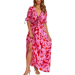 Dresses For Women Uk 0301a107513 Loose Beach Dress Floral Print Dress Plus Size Maxi Dresses Short Sleeve V Neck Dress Women 2023 Dress Knot Front Deep Tiered Dresses Year Dress Knot Front Deep Layered Dress Hot Pink