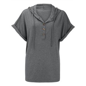 Lightning Deals Of The Day Prime Today Angxiwan Plus Size Tops for Women Women's Solid Color Hooded Buttoned Loose Short Sleeved T Shirt Fashionable Casual Top Long Gym Tops for Women UK Womens Loose Fit T Shirts Grey