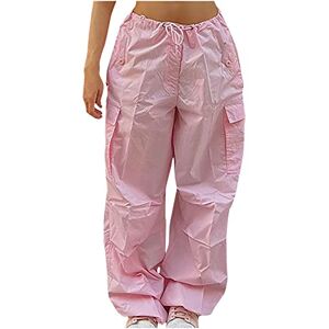 Womens Loose Baggy Cargo Trousers with Pockets Low Waist Y2K Trousers Casual Wide Leg Parachute Pants with Drawstring Street Style Overalls Clearance Pink