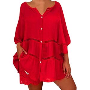 Janly Clearance Sale Women's Long Sleeve Tops, Ladies Plus Size Solid Cotton Linen Hollow Out V Neck Pullover Tops Shirt, Women Plain Color Blouse for Easter Gifts Deal (Red-4XL)
