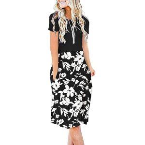 AUSELILY Summer Dress for Women Knee Length Dress Short Sleeve Causul Dresses with Pockets Pleated Empire Dress Flare Swing T-Shirt Dresses (Black White Flower, XL)