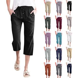 Guanghuansishe Summer Capri Linen Pants Casual Cropped Pants with Pockets Ladies 3/4 Length Trousers Elastic Waist Summer Capris Casual Loose Fit Pants, 3/4 Length Cropped Trousers Hiking Joggers (5-Wine, XXL)