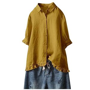Blouses For Women Uk Longsleeve White Linen Tops for Women UK Plus Size 22-24 Plain Cotton Shirts 3/4 Sleeve Lagenlook T-Shirts V Neck Button Down Blouse Casual Loose Tee Top Summer Solid Color Tunic Tops Clearance Yellow