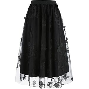 Wellwits Women's Floral Butterfly Mesh Casual Cocktail Midi A Line Skirt Black S