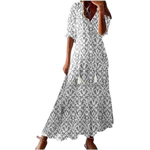 Women's Summer Dress V Neck Boho Maxi Dresses Casual Half Sleeve Long Dress Bohemian Pleated Beach Dress Ladies Flowy Holiday Swing Loose Fit Dresses for Party Evening