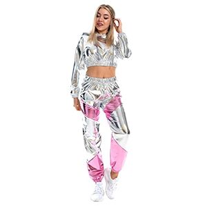 IWEMEK Women Metallic Shiny Holographic Sweatsuit Rave Outfits Faxu Leather Crop Top Hoodie Sweatshirt Sweatpants High Waist Jogger Pants Casual Hip Hop Disco Dance Party Clubwear Sliver L