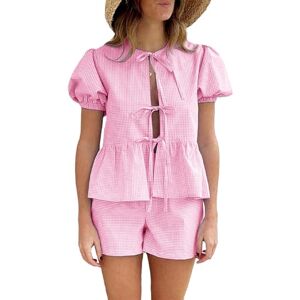 Miolasay Women 2 Piece Pajamas Set Tie-up Front Short Sleeve Tops Low Waist Shorts Suit Striped Shorts Outfits Streetwear (H-Pink, M)