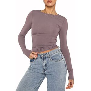 Femereina Women Crewneck Long Sleeve Crop Top Basic Low Cut Rib Knit Cropped Tee Slim Fit Solid Blouse Top Streetwear (Brown, L)