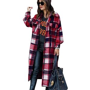 EFOFEI Lady's Wool Blend Jacket Baggy Lapel Button Shackets Casual Check Blouse Oversize Fall Outwear Flannel Classic Plaid Shirts Red XL