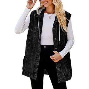 FEOYA Women's Oversized Denim Gilet Distressed Baggy Hooded Denim Waistcoat Button Down Sleeveless Jean Jacket Cotton Loose Fit Lapel Vest with Hood Pockets Turn Down Collar Spring Autumn 06 Black L