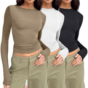 3PC Basic Long Sleeve Tops Women Y2k Basic Long Sleeve Top Slim Fitted Baby Tee Round Neck Skim Dupe Crop Layering Slim Top Blouse Aesthetic Streetwear Ladies Going Out Tee Tops Coffee