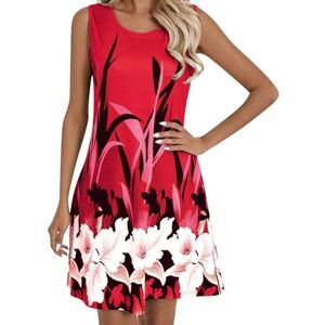 OverDose Boutique Ladies Foreign Trade Flower Printed Vest Casual Sleeveless Dress Women's Clothing Floral Dresses for Women Sleeveless (Red, L)