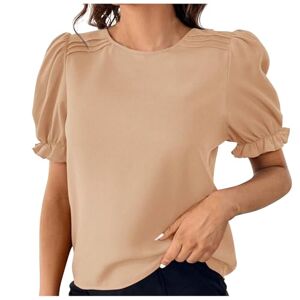 New Items Summer Solid Shirts Clearance Women's Round Neck Loose Top Short Sleeve Casual Blouse Fashion Ruffled Sleeve Tunic Tops Elegant Going Out Tees Shirts for Women UK Beige