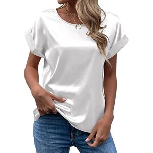 Generic Women's Short Sleeve Satin Blouses Casual Loose Crewneck Silk Shirts Roll Up Sleeve Tunic Tops S-XXL(White,XX-Large)