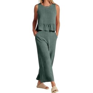 LCDIUDIU Summer Cotton Linen Wide Leg Pants Sets Women 2 Piece Outfits, Green Crew Neck Sleeveless Vest Button Back Cropped Top Casual Stretch Straight Trousers Suits Matching Sets Sage Green L