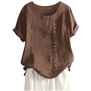 Clodeeu Ladies Solid Color Shirts Short Sleeve Crewneck Cotton Linen Button Tops Summer Casual Blouse Dressy Shirts for Vacation Travel Daily Brown